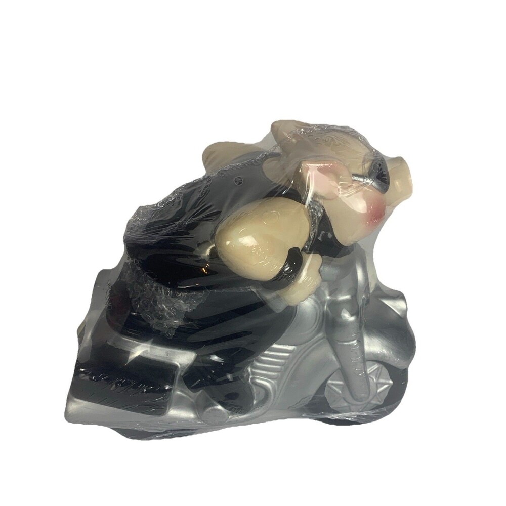 Porcelain Cookie Jar Hog Pig on a Motorcycle Tan Silver & Black New Sealed !